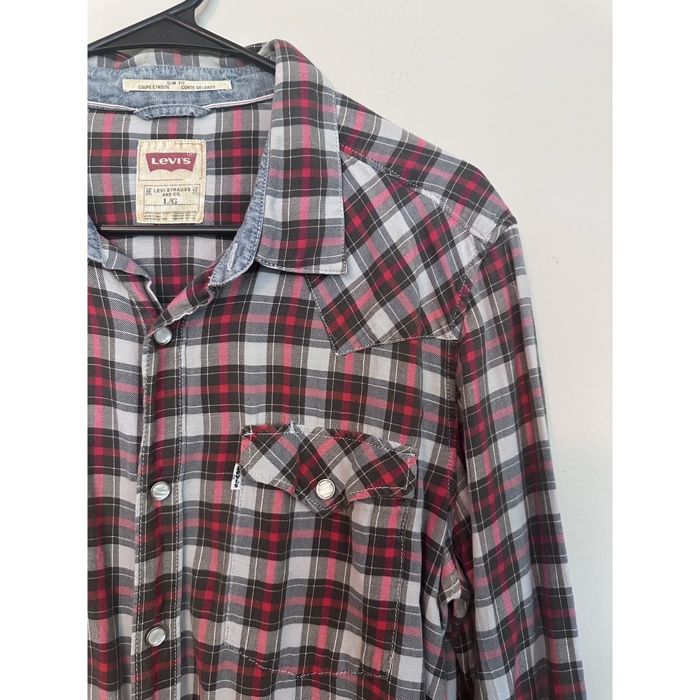 Levi's Men's Long Sleeve Western Cut Pearl Snap Plaid Shirt Lightweight LARGE - Picture 4 of 16